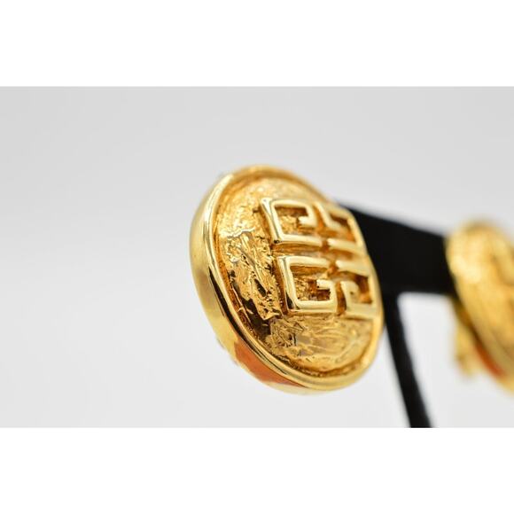 Vintage GIVENCHY SIGNED Logo Paris New York Classic Black  Givenchy Vintage Logo Clip On Earrings Gold 4G Rare Runway Parfums Signed BinH